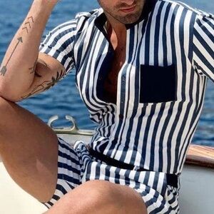 NWT Men’s RomperJack The Hampton Striped Navy and White‎ Romper Size Small